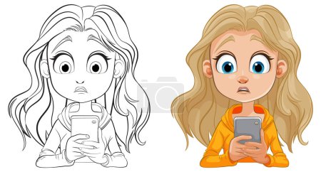 Ilustración de Ilustración vectorial de una chica sorprendida por su teléfono - Imagen libre de derechos