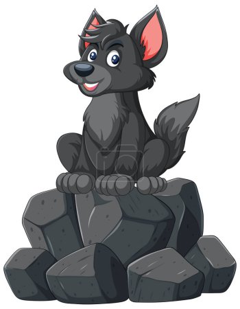 Illustration for Vector illustration of a happy dog sitting on stones. - Royalty Free Image