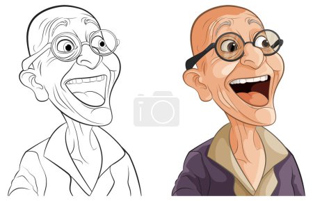 Karikatur eines glücklichen, älteren Mannes mit Brille