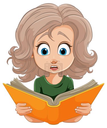 Cartoon of a girl with wide eyes reading an orange book