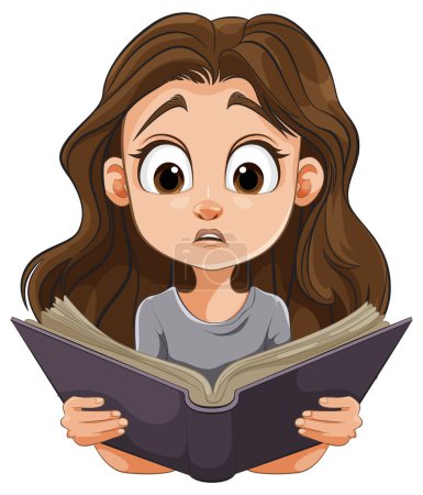 Ilustración de Chica de dibujos animados con ojos anchos leyendo atentamente - Imagen libre de derechos