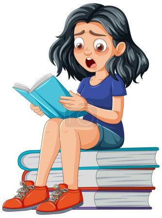 Zeichentrickmädchen liest ein Buch mit überraschtem Gesichtsausdruck