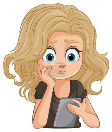 Ilustración de Dibujos animados de una mujer preocupada mirando su teléfono - Imagen libre de derechos
