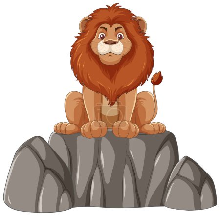 Dessin animé lion assis au sommet d'une formation de pierre grise.