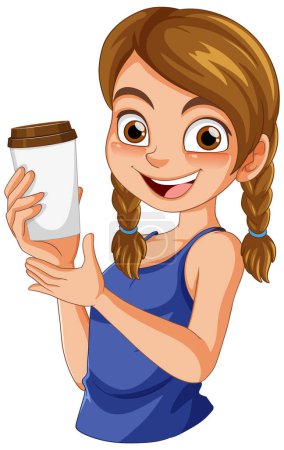 Vector illustration of a happy young girl with coffee