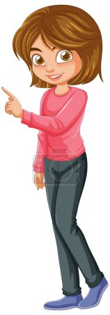 Téléchargez les illustrations : Caricature d'une fille joyeuse pointant vers le côté - en licence libre de droit