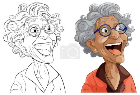 Illustration for From line art to colored vector portrait of a senior lady. - Royalty Free Image
