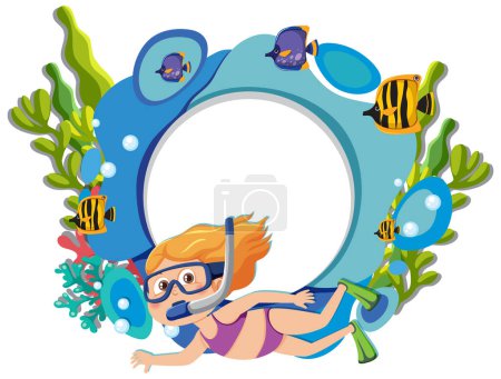 Child snorkeling surrounded by colorful fish and coral.