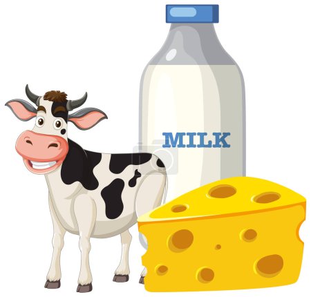Vector illustration of cow, milk bottle, and cheese.