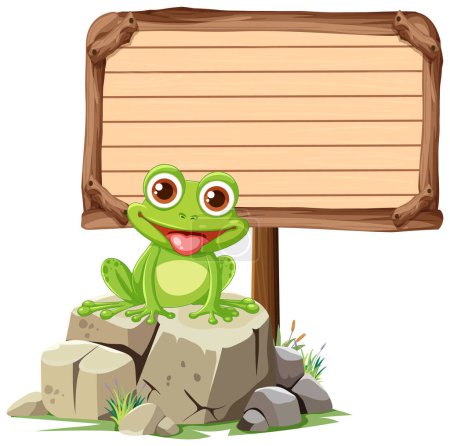 Illustration for Cheerful green frog sitting by a blank sign. - Royalty Free Image