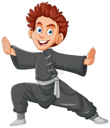 Illustration for Cartoon boy in martial arts stance, smiling widely. - Royalty Free Image