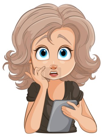 Illustration for Cartoon of a concerned woman with a mobile device - Royalty Free Image