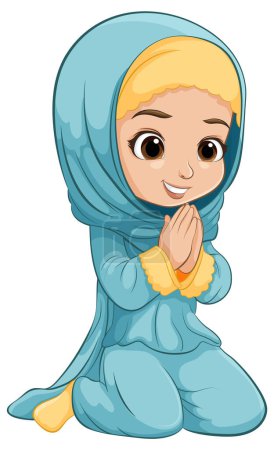 Cartoon of a young girl wearing a hijab, kneeling.