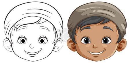 Téléchargez les illustrations : Deux garçons de bande dessinée souriants avec des tons de peau différents - en licence libre de droit