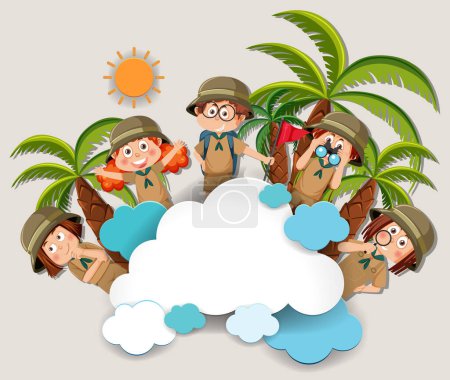 Cartoon children exploring, with tropical background and clouds
