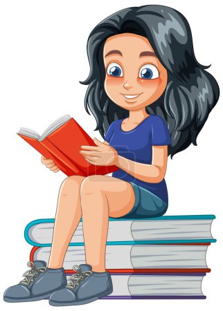 Téléchargez les illustrations : Caricature d'une fille lisant sur une pile de livres - en licence libre de droit