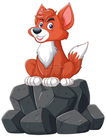 Illustration for Vector illustration of a happy fox on stones - Royalty Free Image