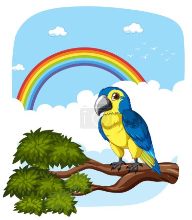 Téléchargez les illustrations : Perroquet vibrant perché sur la branche d'arbre, toile de fond arc-en-ciel. - en licence libre de droit
