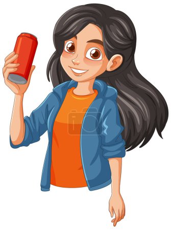 Illustration for Cheerful young girl with a beverage can smiling - Royalty Free Image