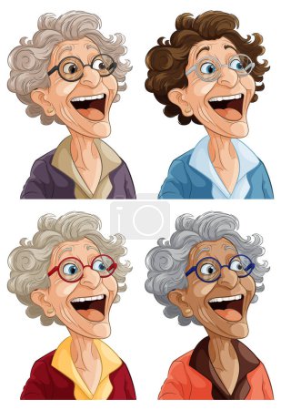 Four joyful expressions of a cartoon elderly woman.