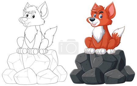 Illustration for Colorful and outlined fox illustrations on stones. - Royalty Free Image