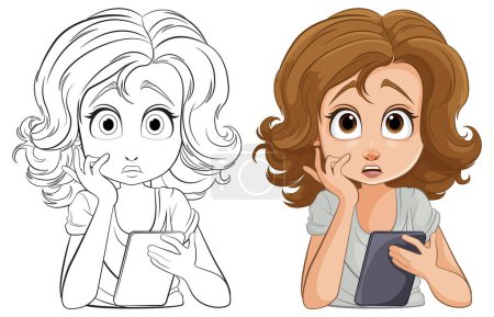 Cartoon girl holding tablet with a shocked expression