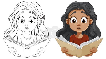 Ilustración de Dos chicas absortas en la lectura de libros abiertos. - Imagen libre de derechos