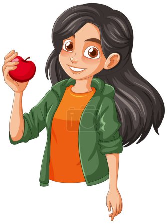 Illustration for Vector illustration of a smiling girl with an apple - Royalty Free Image