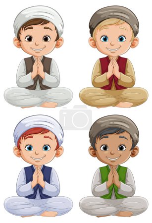 Téléchargez les illustrations : Quatre garçons animés assis jambes croisées avec les mains ensemble - en licence libre de droit