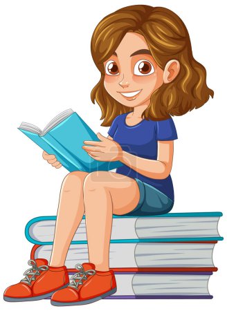 Téléchargez les illustrations : Illustration d'une fille lisant un livre sur une pile de livres - en licence libre de droit