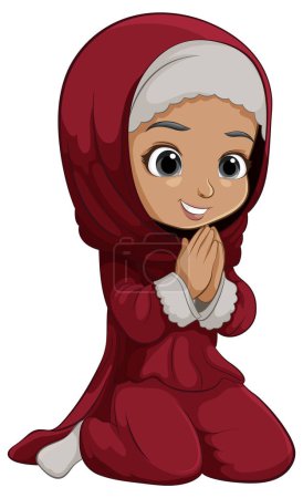 Ilustración de Chica animada en hijab rojo con las manos juntas - Imagen libre de derechos
