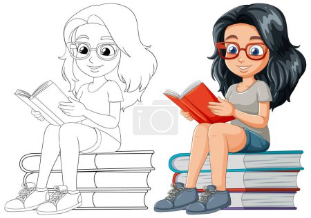 Téléchargez les illustrations : Vecteur coloré de fille lecture au sommet d'une pile de livres - en licence libre de droit