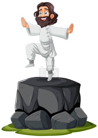 Téléchargez les illustrations : Caricature d'un homme heureux en équilibre sur un rocher - en licence libre de droit