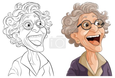 Ilustración de Ilustraciones en blanco y negro y en color de una anciana feliz. - Imagen libre de derechos