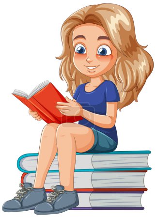 Téléchargez les illustrations : Caricature d'une fille lisant sur une pile de livres - en licence libre de droit