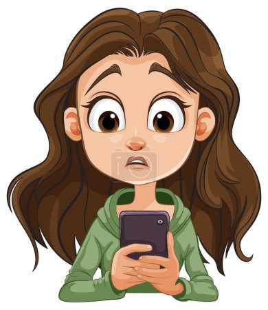 Karikatur eines Mädchens mit großen Augen, das ein Telefon hält