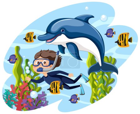 Buceador y delfín nadando entre coloridos arrecifes de coral.