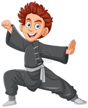 Illustration for Cartoon boy in martial arts stance, smiling. - Royalty Free Image