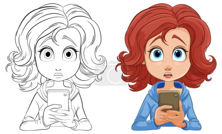 Ilustración de Ilustraciones coloridas y de línea de arte de una chica asustada con un teléfono. - Imagen libre de derechos