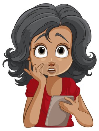 Téléchargez les illustrations : Caricature d'une fille surprise tenant une tablette - en licence libre de droit