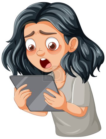 Téléchargez les illustrations : Caricature d'une femme surprise par le contenu de la tablette - en licence libre de droit