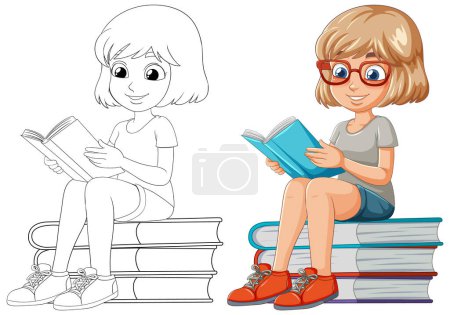 Illustration for Colorful and line art illustration of reading girl - Royalty Free Image