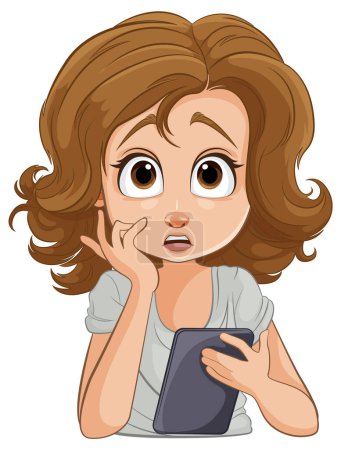 Illustration for Cartoon of a concerned girl with a mobile device - Royalty Free Image