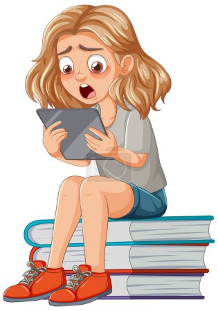 Cartoon girl sitting on books, surprised by tablet