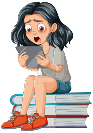 Karikatur eines Mädchens überrascht beim Lesen eines Tablets