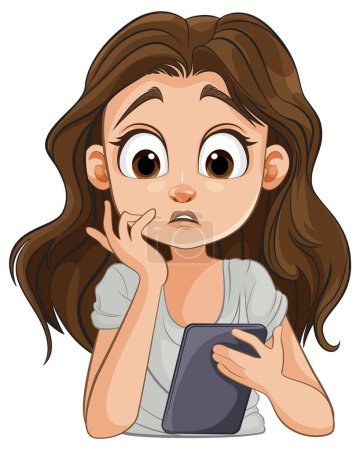 Cartoon of a thoughtful girl holding a mobile device