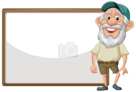 Téléchargez les illustrations : Dessin animé vieil homme debout à côté de la planche vide - en licence libre de droit