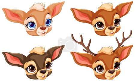 Ilustración de Cuatro caras de ciervo lindo mostrando diferentes emociones. - Imagen libre de derechos