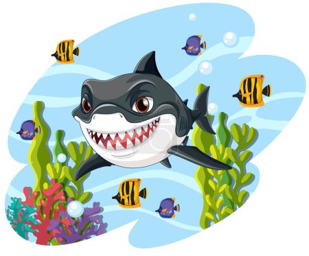 Téléchargez les illustrations : Requin joyeux nageant avec des poissons tropicaux et corail. - en licence libre de droit