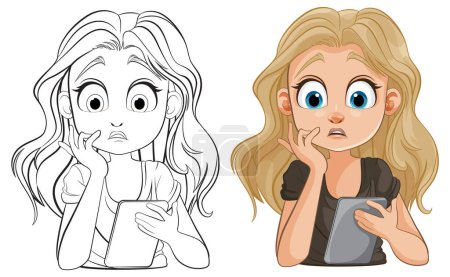 Illustration for Vector illustration of a girl shocked while holding a tablet - Royalty Free Image